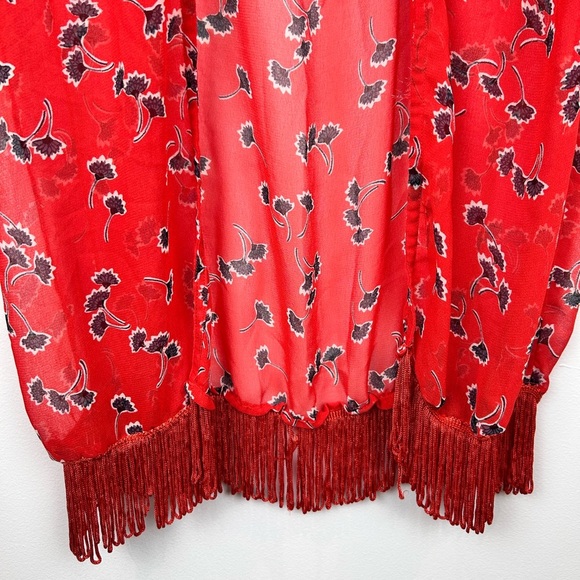 Floral kimono pool beach coverup, Med, red fringe lightweight sheer long sleeves - Picture 4 of 8
